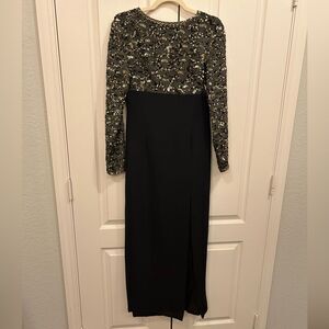 Vintage 80s/90s Louis Feraud Black Beaded Empire Waist Evening Gown, Size S